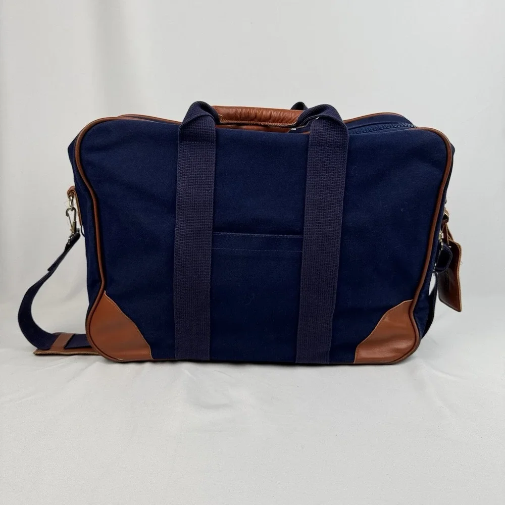 Vtg Lands End Square Rigger Weekender Bag Navy Blue Canvas Leather Luggage 20" - Picture 3 of 9